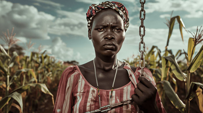 Une femme africaine dans un champ tenant une chaine
